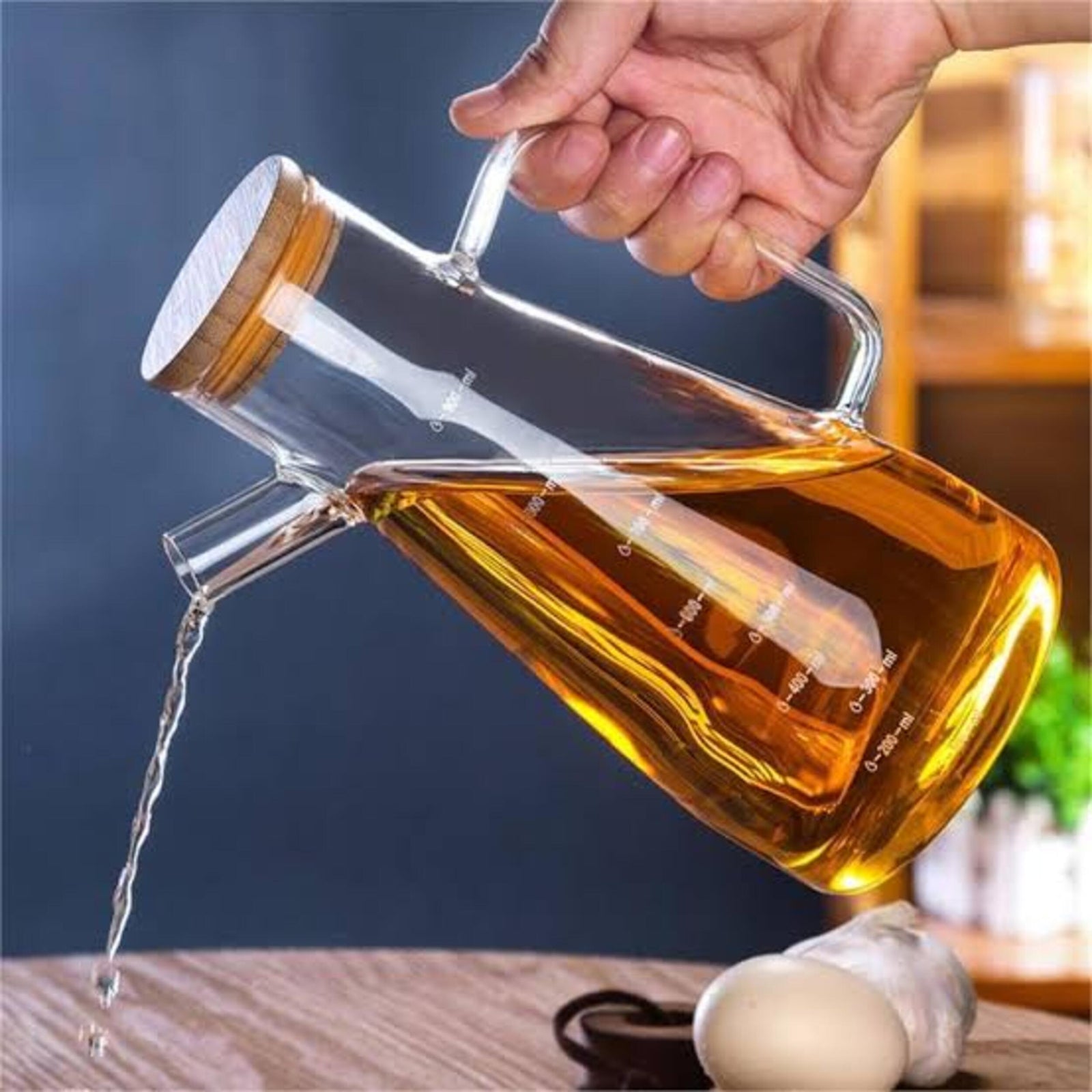 900ml glass oil jug with wooden lid