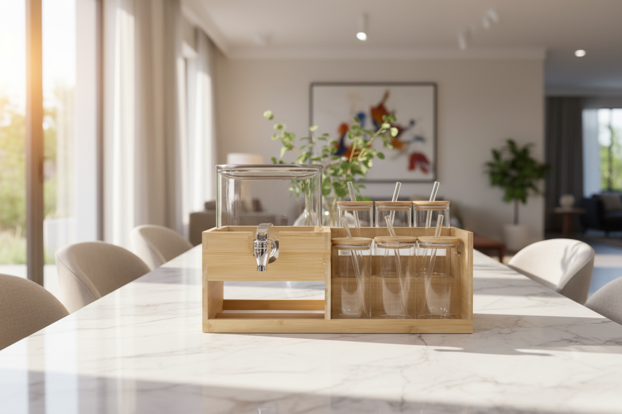 Echou GoldenDeer Glass Dispenser Set with Wooden Stand & 6 Sippers