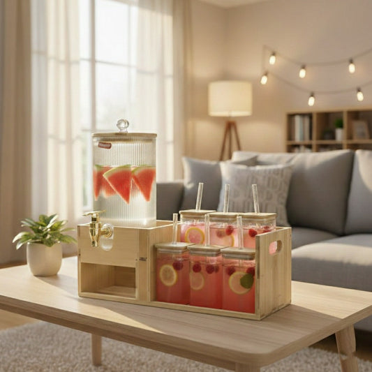 Bamboo Beverage Station -Glass Dispenser and Tumblers with Straws (1151)