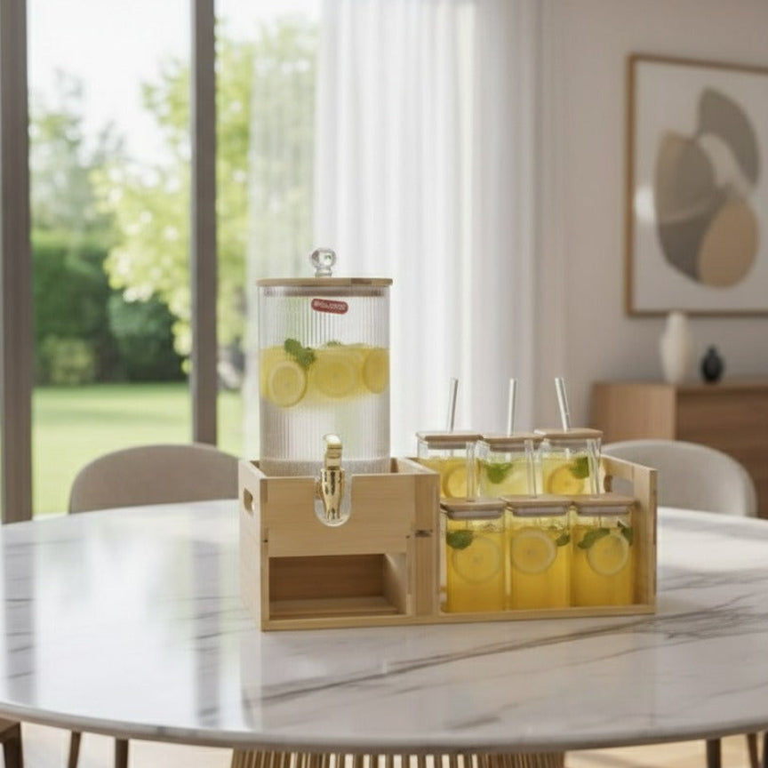 Bamboo Beverage Station -Glass Dispenser and Tumblers with Straws (1151)