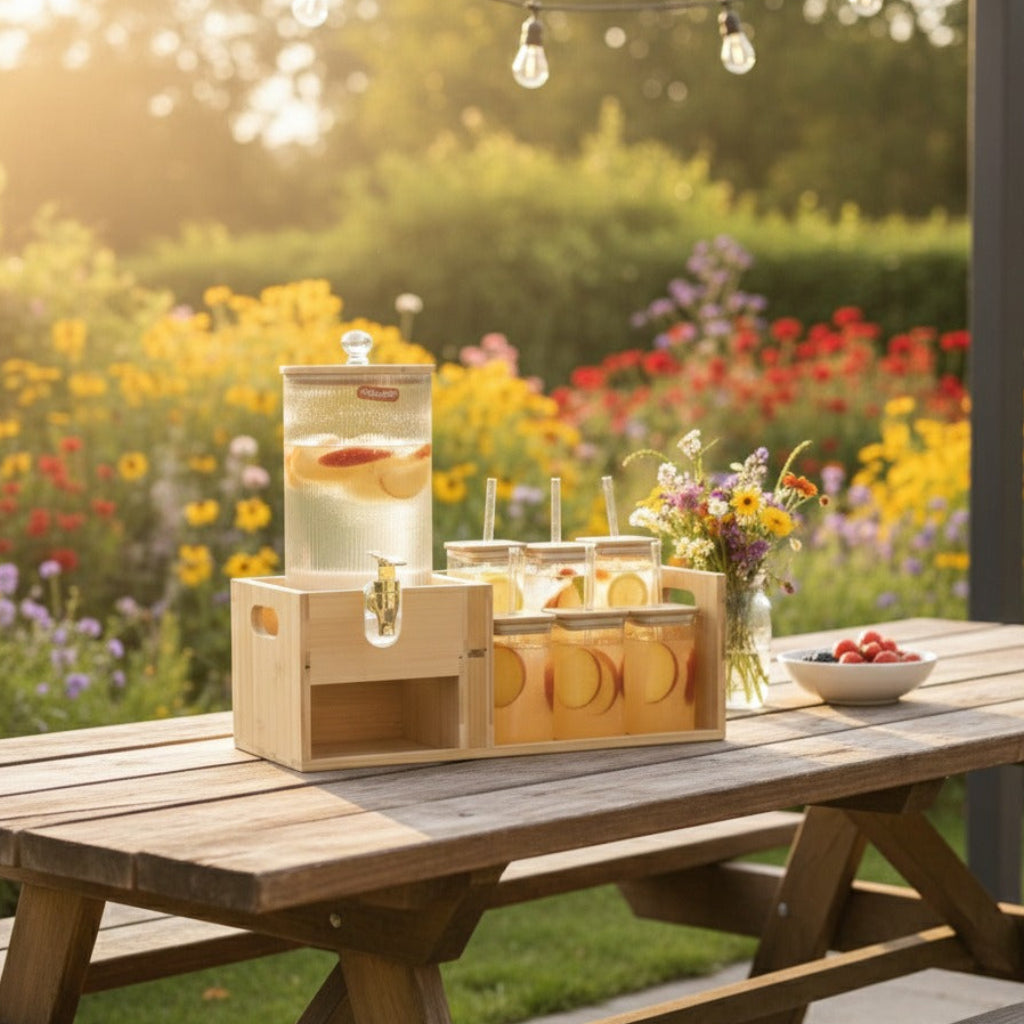 Bamboo Beverage Station -Glass Dispenser and Tumblers with Straws (1151)