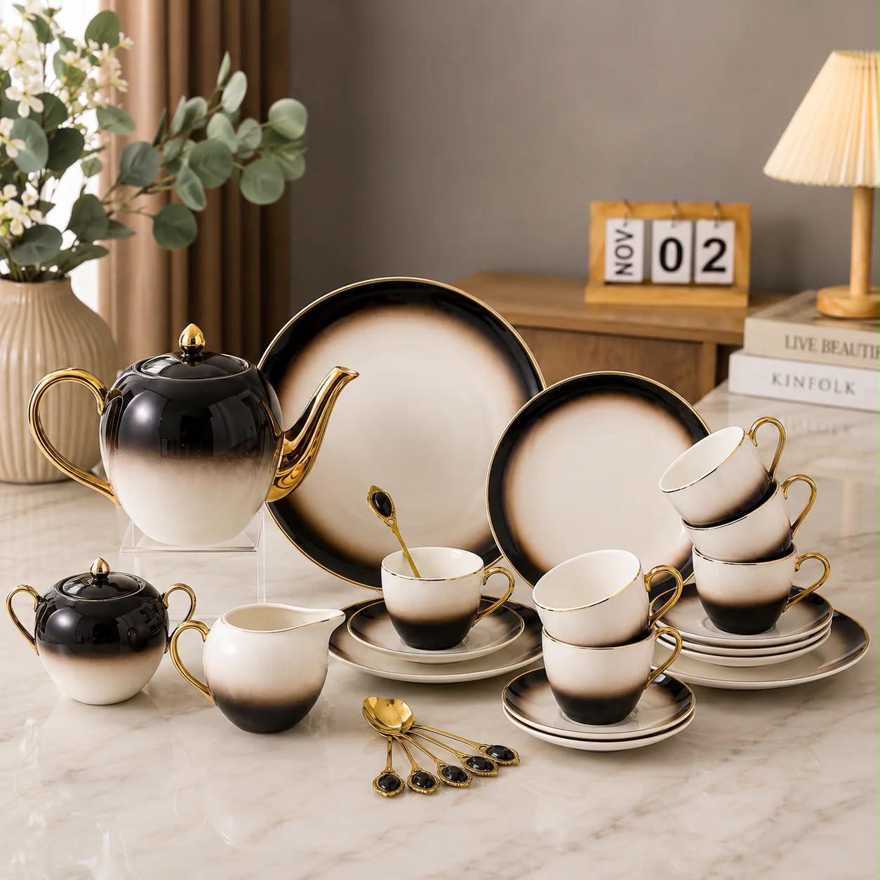 24 Piece Gold Rim Ombre Tea Set