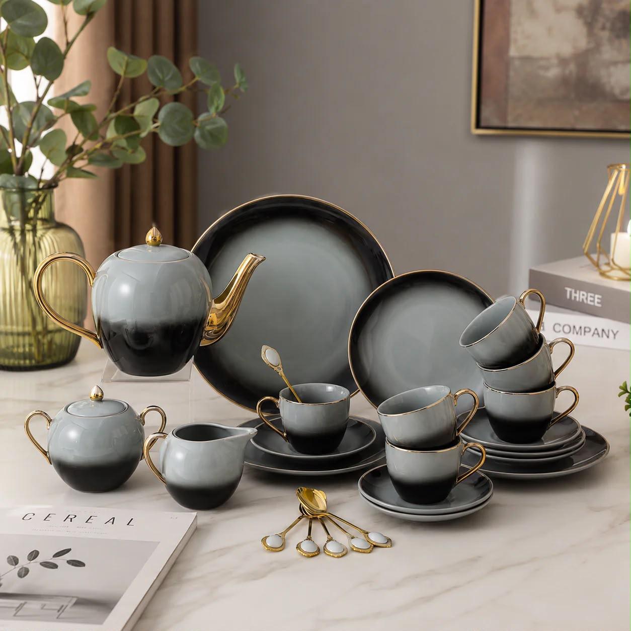 24 Piece Gold Rim Ombre Tea Set