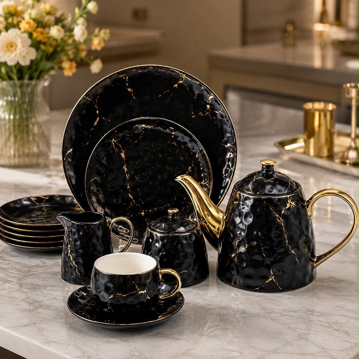 24 Piece Gold Marble Tea Set