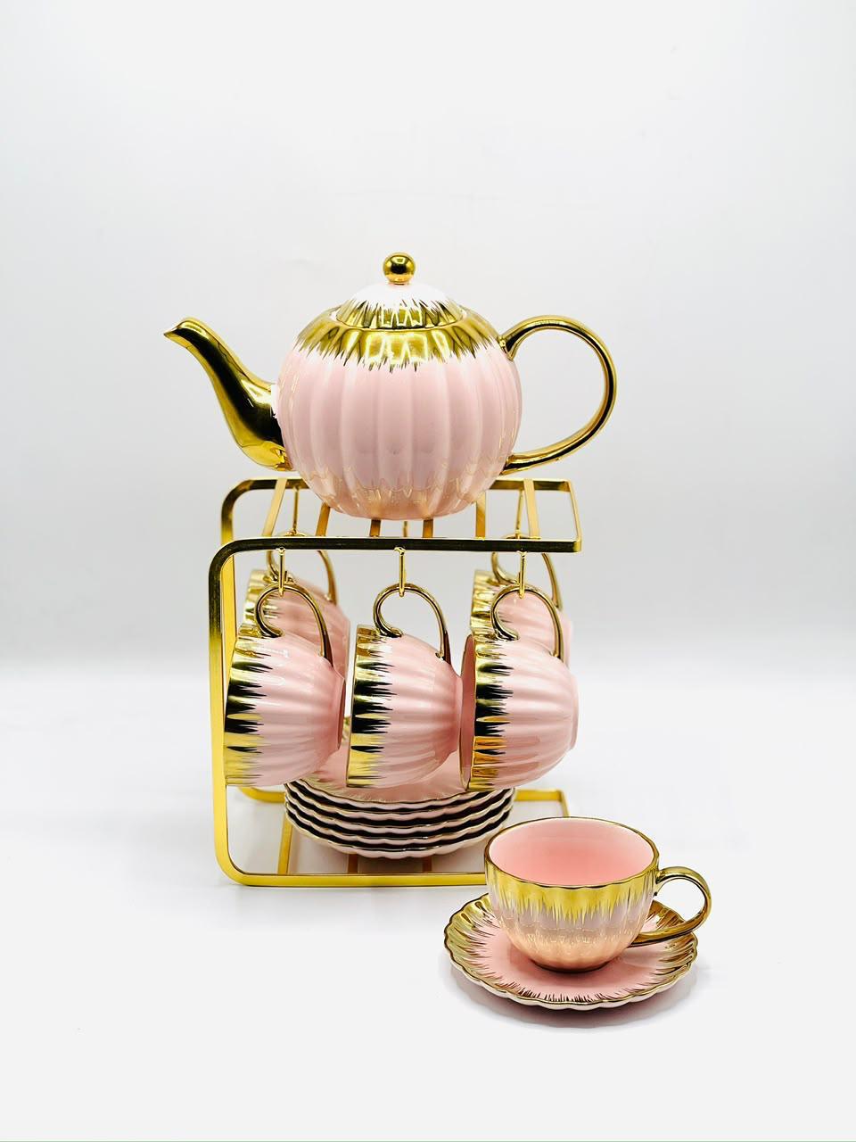 15 Piece Gold Ribbed Tea Set with Stand