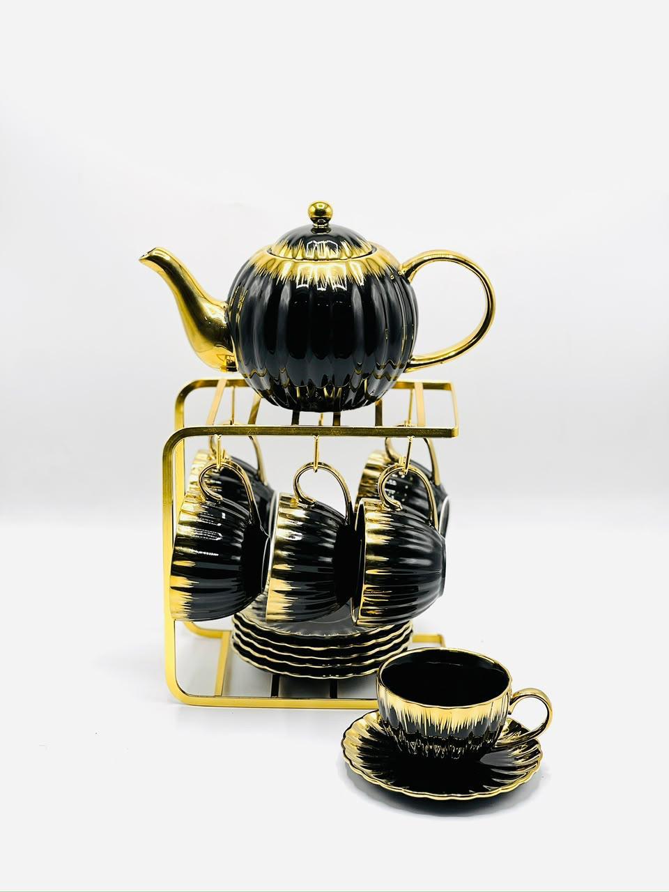 15 Piece Gold Ribbed Tea Set with Stand