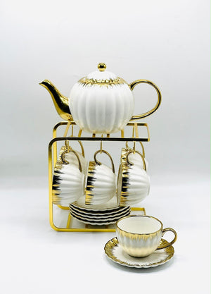15 Piece Gold Ribbed Tea Set with Stand