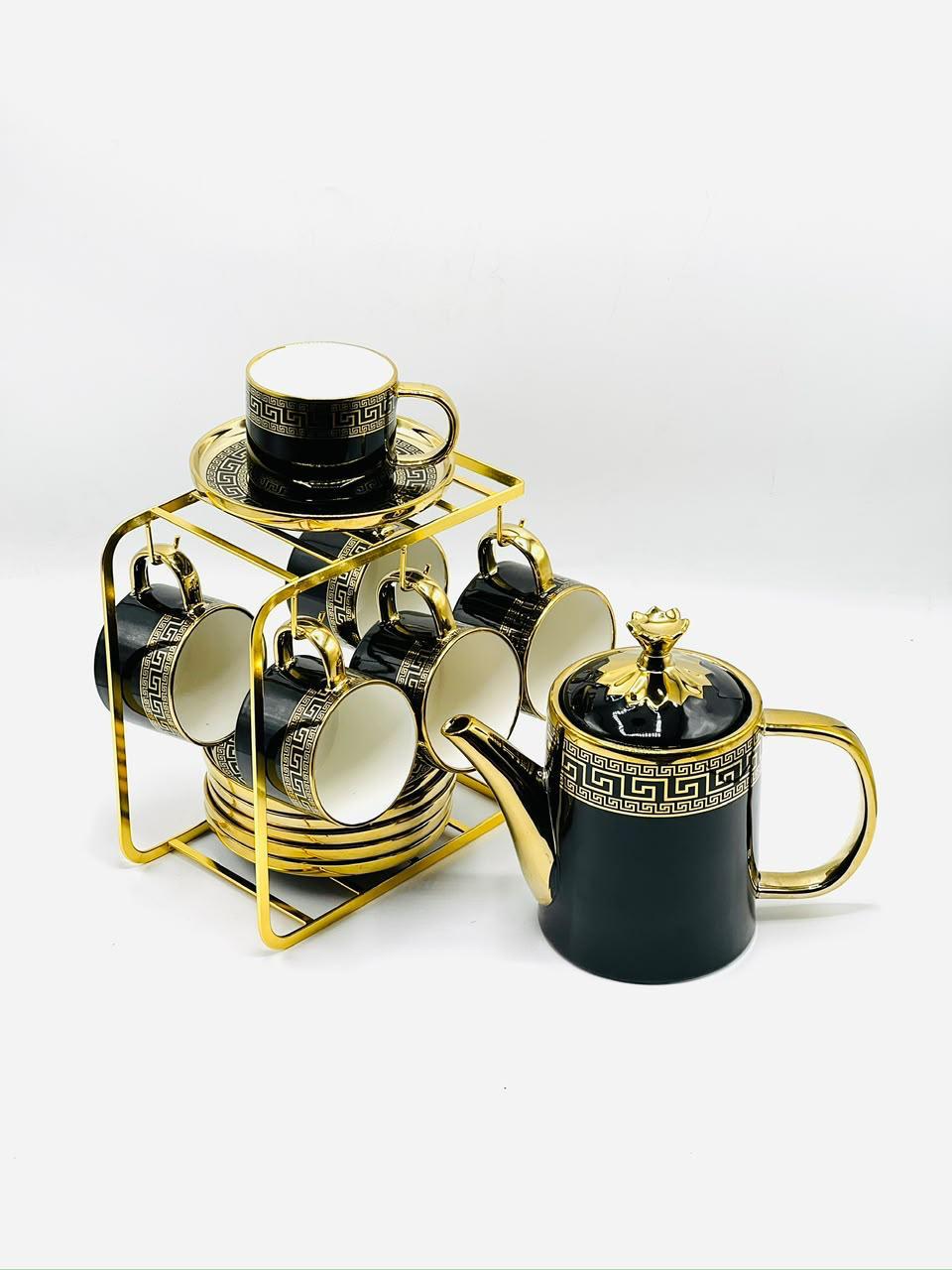 15 Piece Gold Greek Key Tea Set with Stand
