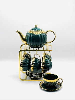 15 Piece Gold Ribbed Tea Set with Stand