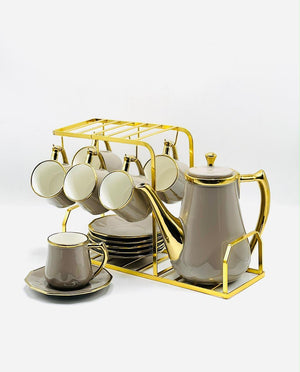 15 Piece Gold Rim Tea Set with Rack
