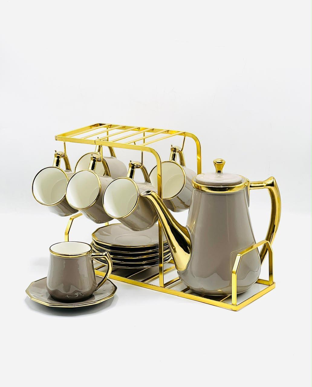 15 Piece Gold Rim Tea Set with Rack