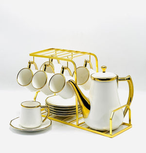 15 Piece Gold Rim Tea Set with Rack