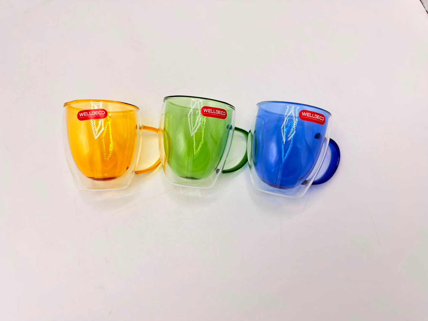 Double Wall Glass Mugs (78-27) – Insulated Colored Coffee & Tea Cups with Handles