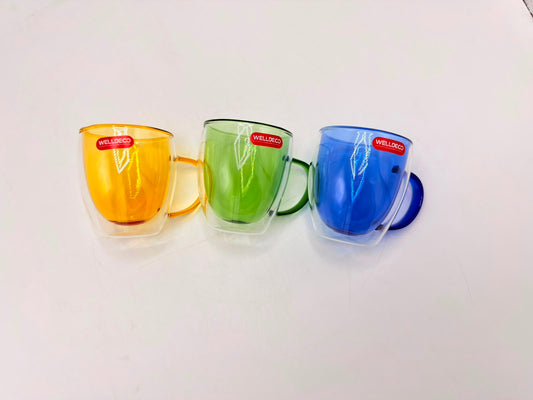Double Wall Glass Mugs (78-27) – Insulated Colored Coffee & Tea Cups with Handles