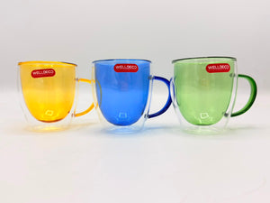 Double Wall Glass Mugs (78-27) – Insulated Colored Coffee & Tea Cups with Handles