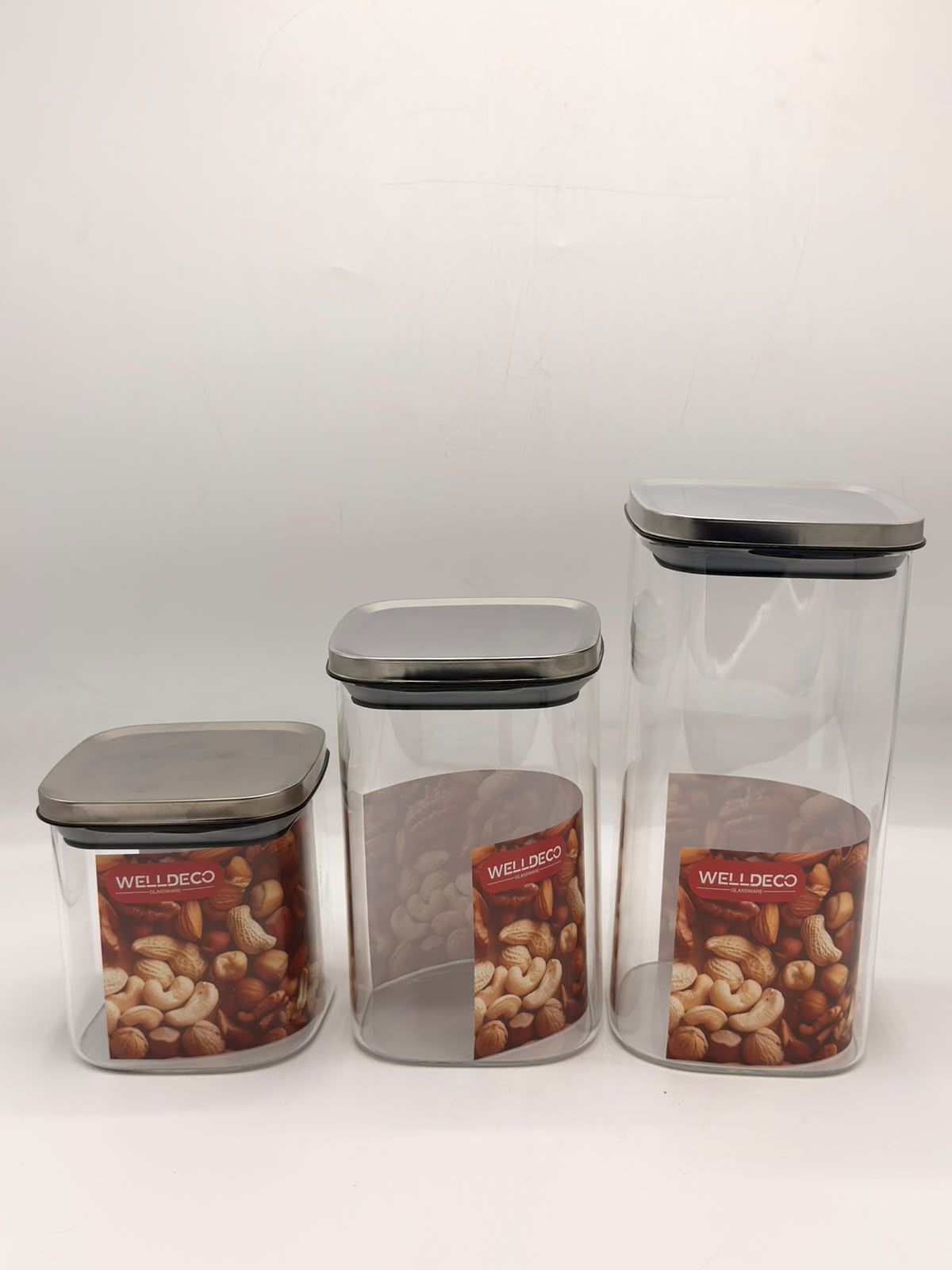 Welldeco Glass Storage Jars Set with Steel Lids (3 Pcs)