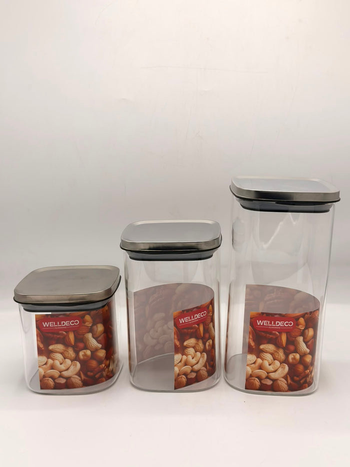 Welldeco Glass Storage Jars Set with Steel Lids (3 Pcs)