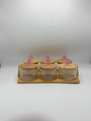 Wooden Condiment Jar Set - 6 Glass Jars with Wooden Lids