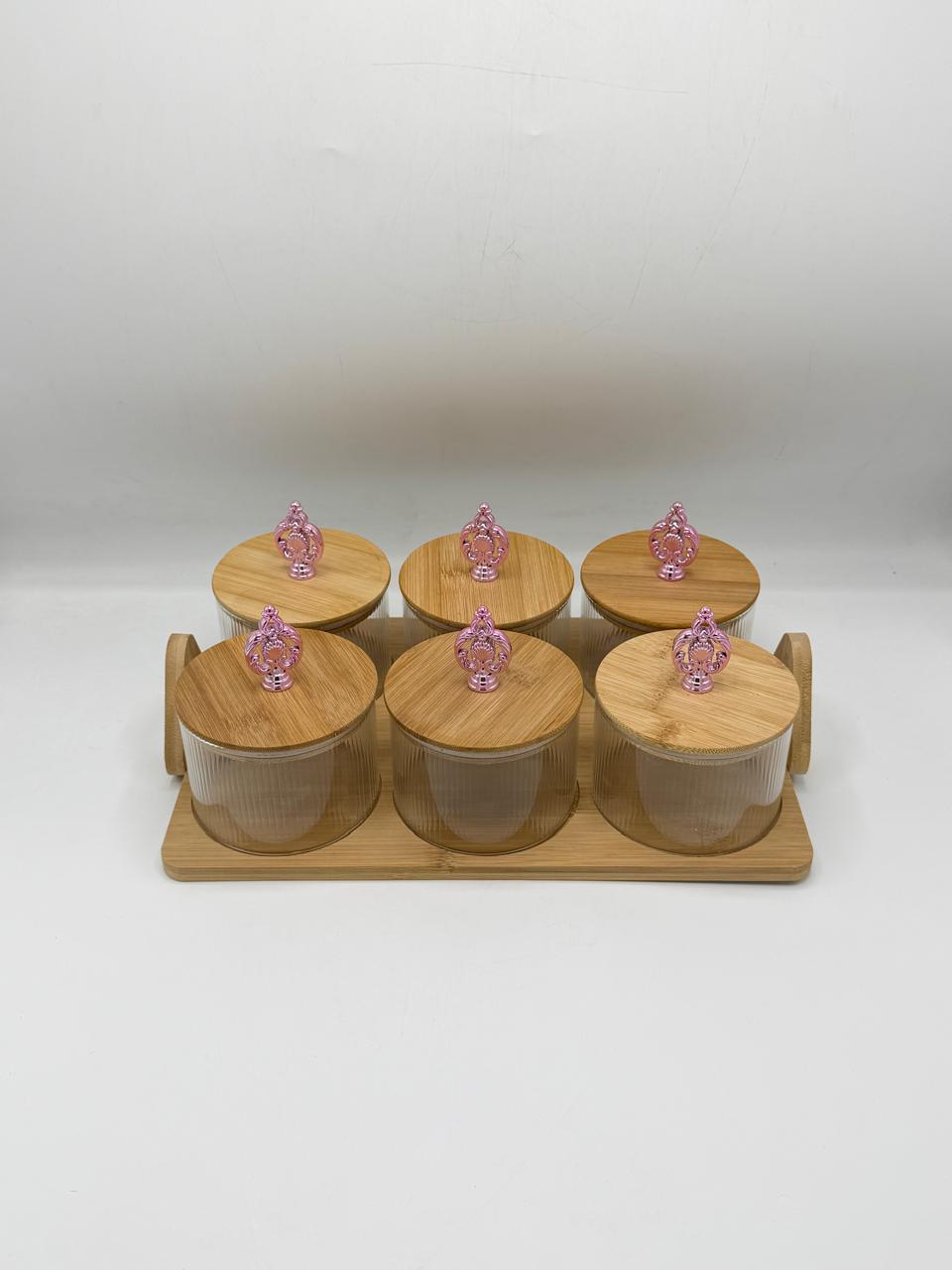 Wooden Condiment Jar Set - 6 Glass Jars with Wooden Lids