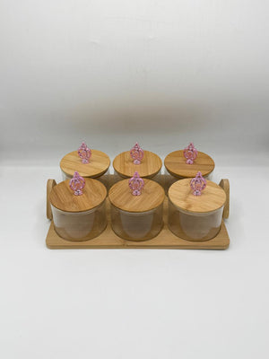 Wooden Condiment Jar Set - 6 Glass Jars with Wooden Lids