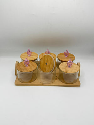 Wooden Condiment Jar Set - 6 Glass Jars with Wooden Lids