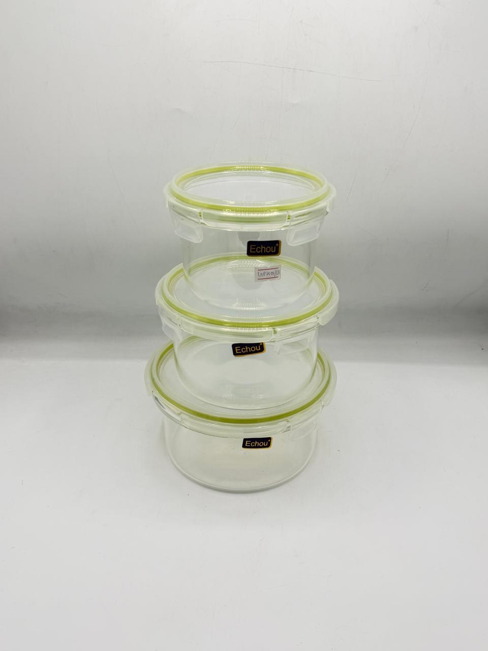 Airtight round glass containers with clip lids