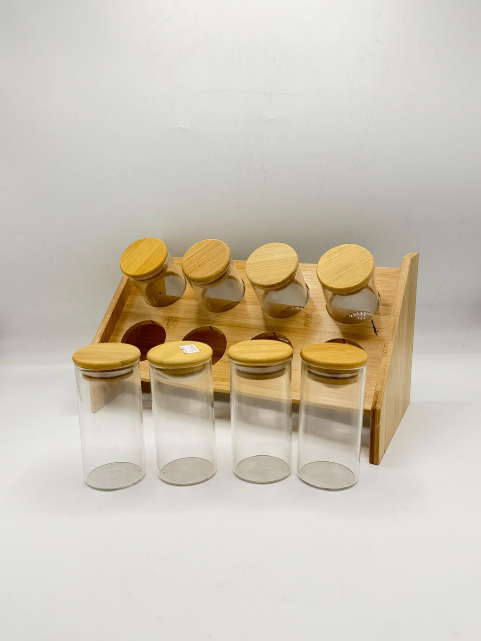 Bamboo Spice Jar Organizer Set - 8Pcs Large  Glass Jars with Stand