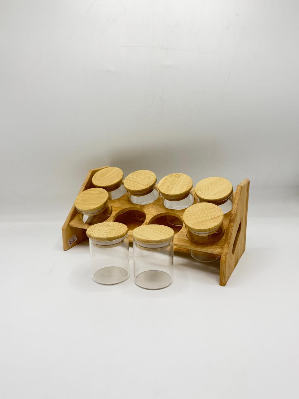 Bamboo Spice Jar Organizer Set - 8 Small Glass Jars with Stand