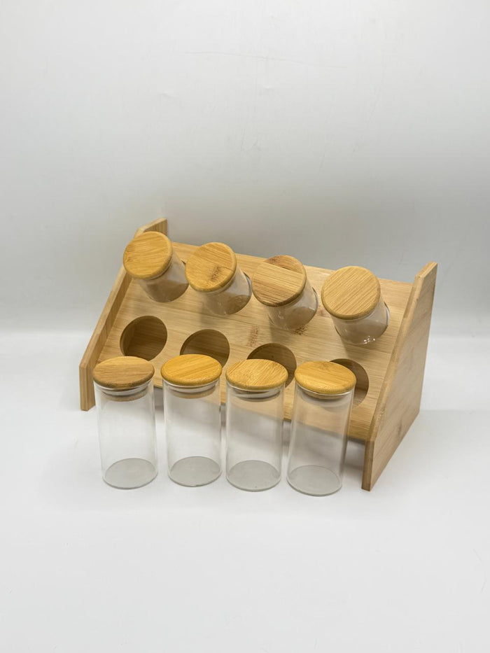 PRODUCT: BAMBOO SPICE JAR SET WITH STAND - 8Pcs Medium JARS (FULL SET)