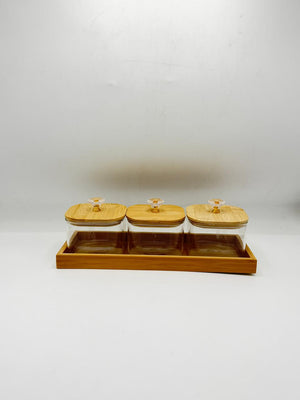 Glass Condiment Set - 3 Piece Square with Bamboo Lids & Tray