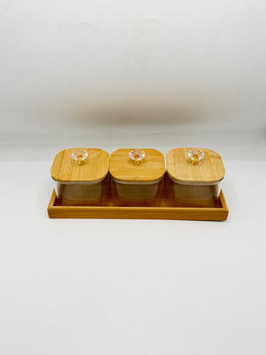 Glass Condiment Set - 3 Piece Square with Bamboo Lids & Tray