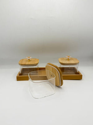 Glass Condiment Set - 3 Piece Square with Bamboo Lids & Tray