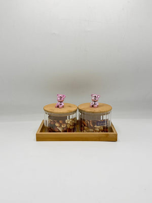 Glass Container Set - 2 Piece Rose Gold Bear Knobs with Wooden Tray