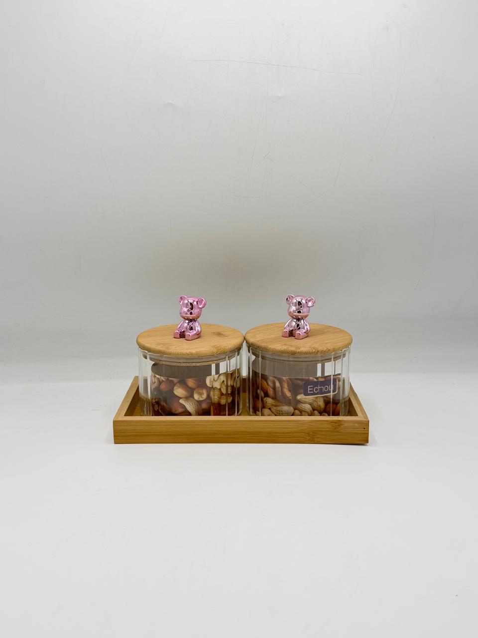 Glass jar set 2 pieces rose gold bear knobs