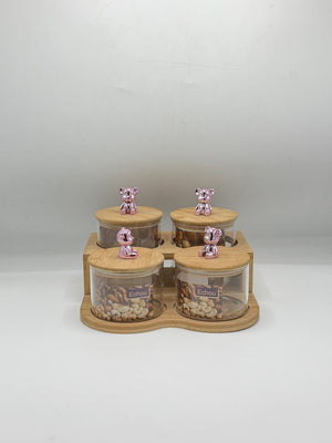 Glass Container Set - 4 Piece Rose Gold Bear Knobs with Wooden Tray