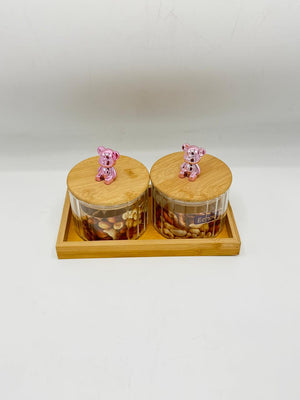 Glass Container Set - 2 Piece Rose Gold Bear Knobs with Wooden Tray