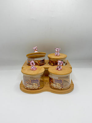 Glass Container Set - 4 Piece Rose Gold Bear Knobs with Wooden Tray