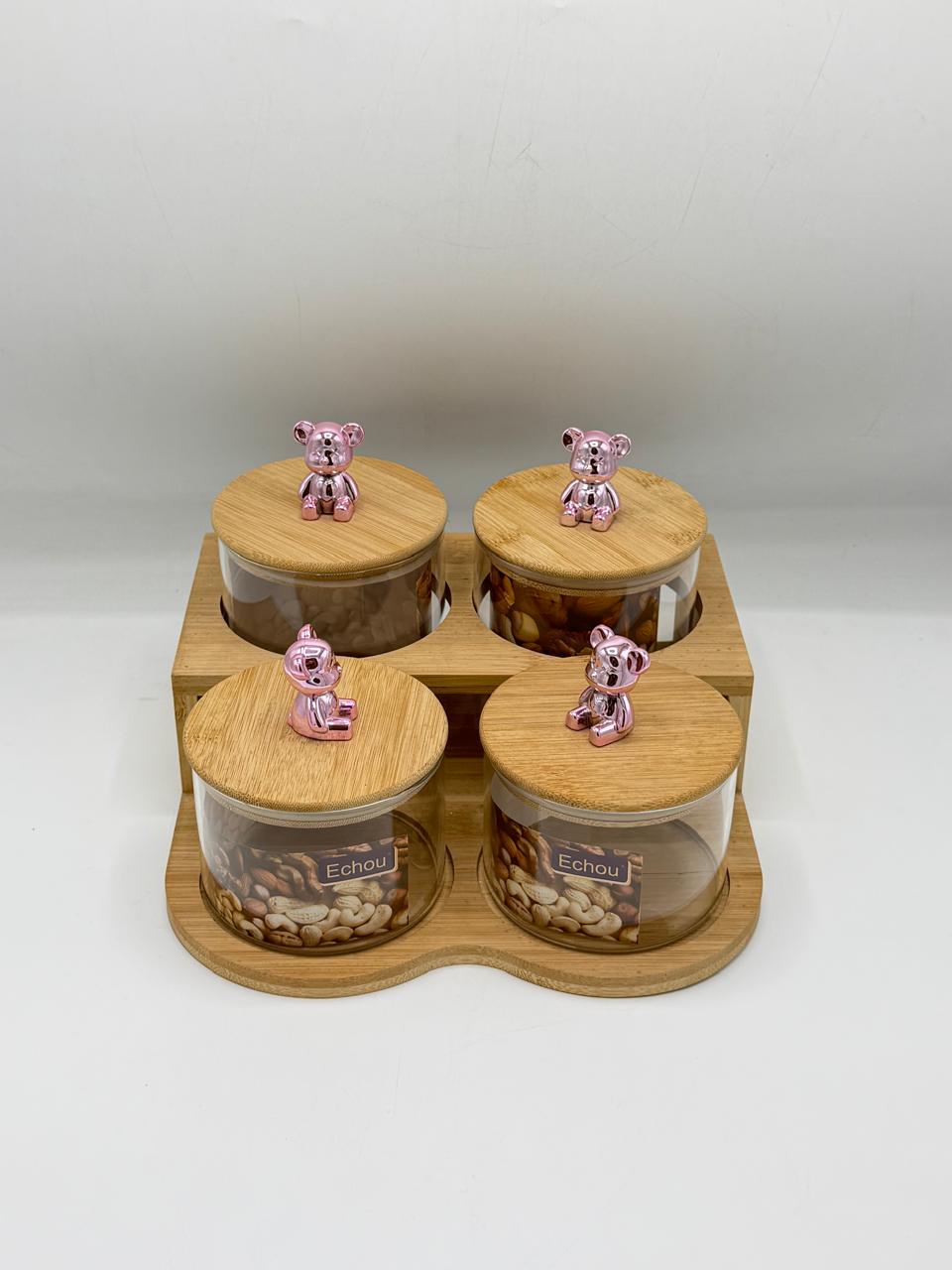 Glass Container Set - 4 Piece Rose Gold Bear Knobs with Wooden Tray