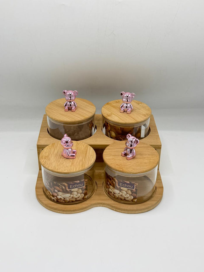 Glass Container Set - 4 Piece Rose Gold Bear Knobs with Wooden Tray