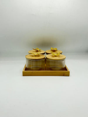 Glass Container Set - 4 Piece Bamboo Lids with Golden Butterfly