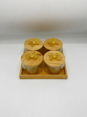 Glass Container Set - 4 Piece Bamboo Lids with Golden Butterfly
