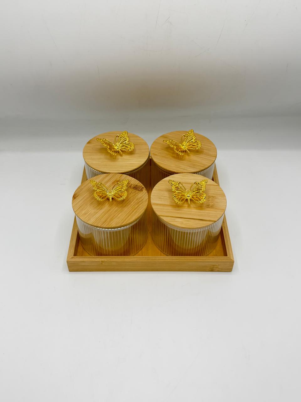 Glass jar set with golden butterfly bamboo lids