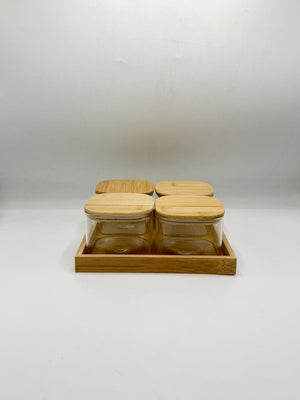 Glass Container Set - 4 Piece Bamboo Lids with Wooden Tray