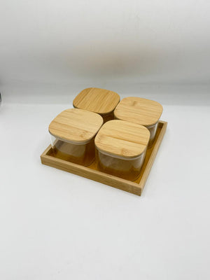Glass Container Set - 4 Piece Bamboo Lids with Wooden Tray