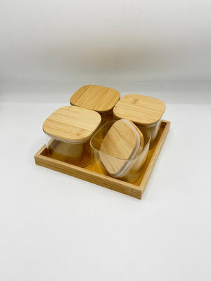 Glass Container Set - 4 Piece Bamboo Lids with Wooden Tray