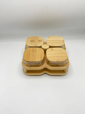 Glass Container Set - 4 Piece Tiered Bamboo Holder Display