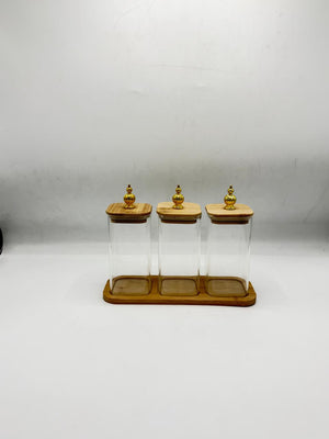 Glass Container Set - 3 Piece Gold Knob Bamboo Lids with Tray