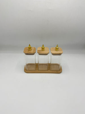 Glass Container Set - 3 Piece Gold Knob Bamboo Lids with Tray