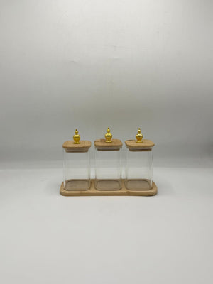 Glass Container Set - 3 Piece Gold Knob Bamboo Lids with Tray