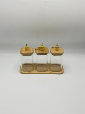 Glass Container Set - 3 Piece Gold Knob Bamboo Lids with Tray